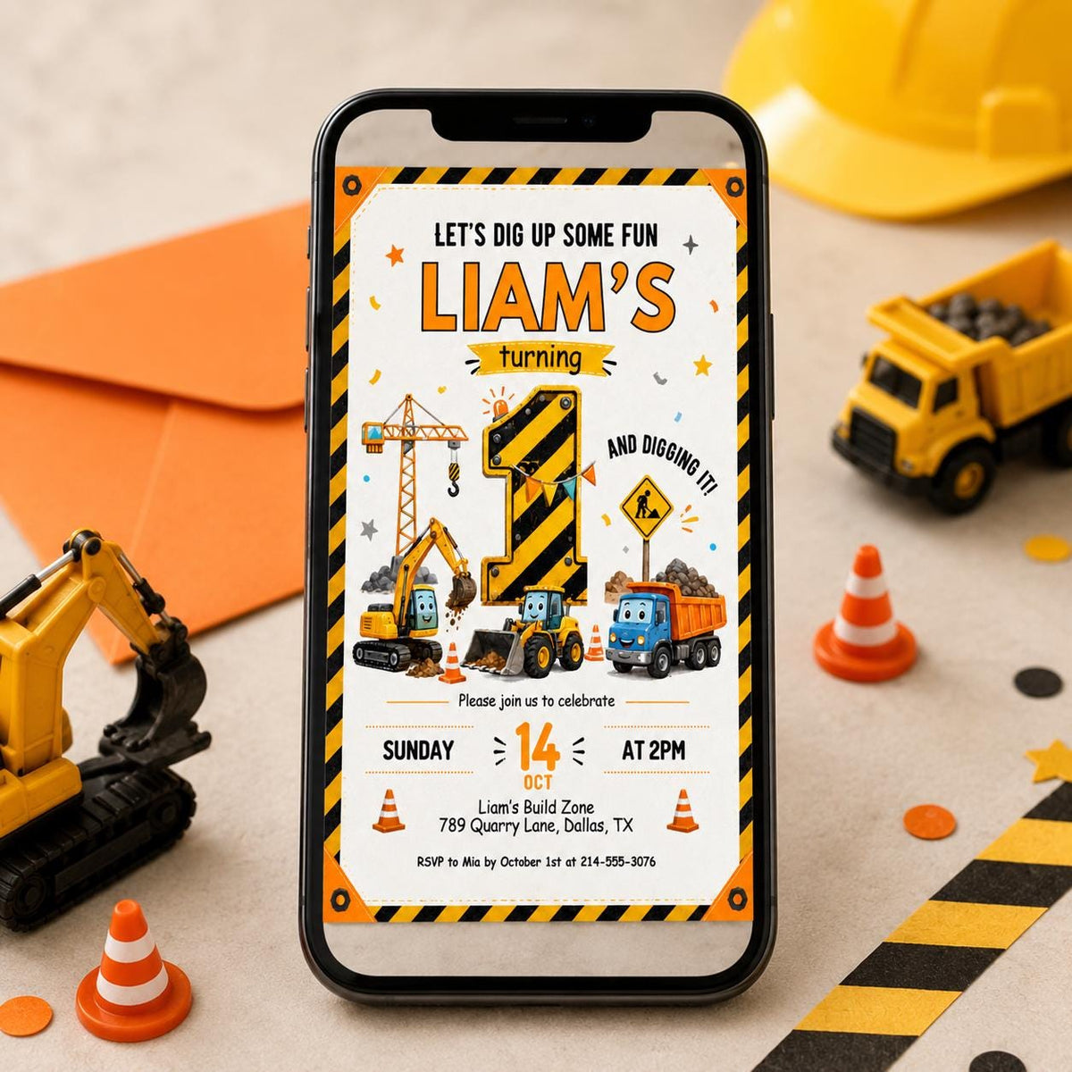 Construction First Birthday Invitation with Hazard-Stripe Number — digital invitation, instant download