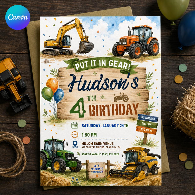 Construction Tractor 4th Birthday Invitation for Boys
