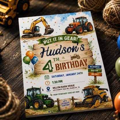 Construction Tractor 4th Birthday Invitation for Boys — farm design