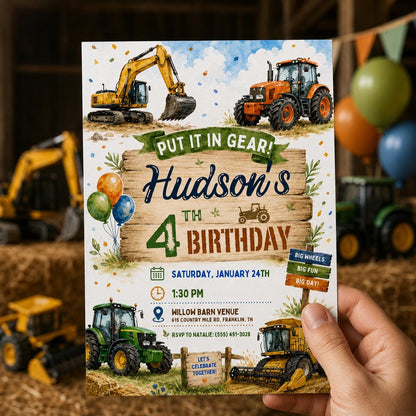 Construction Tractor 4th Birthday Invitation for Boys — invitation you personalize in Canva