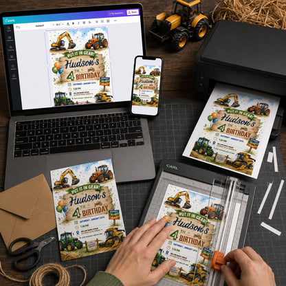 Construction Tractor 4th Birthday Invitation for Boys — print-ready 4th birthday party design from VoltBy