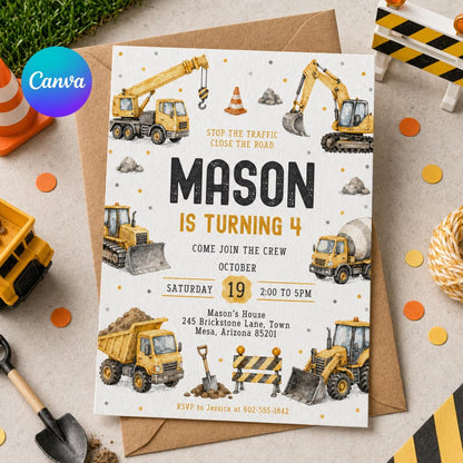 Construction Vehicle Border 4th Birthday Invitation — editable Canva template