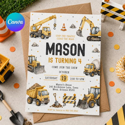 Construction Vehicle Border 4th Birthday Invitation — editable Canva template