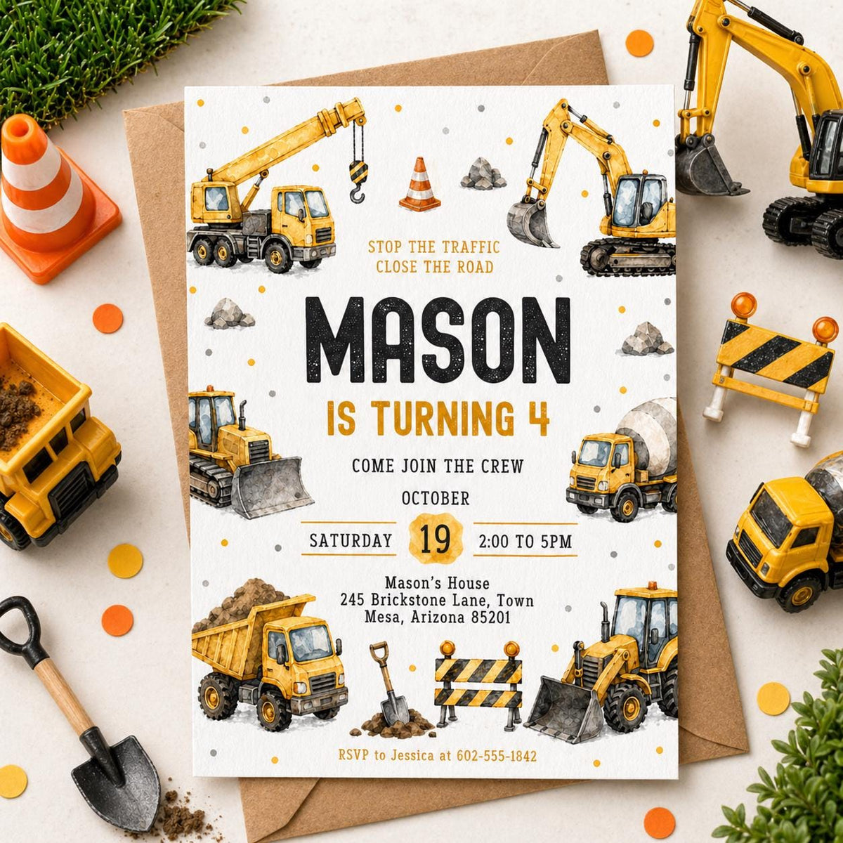 Construction Vehicle Border 4th Birthday Invitation in black and orange