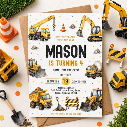 Construction Vehicle Border 4th Birthday Invitation in black and orange