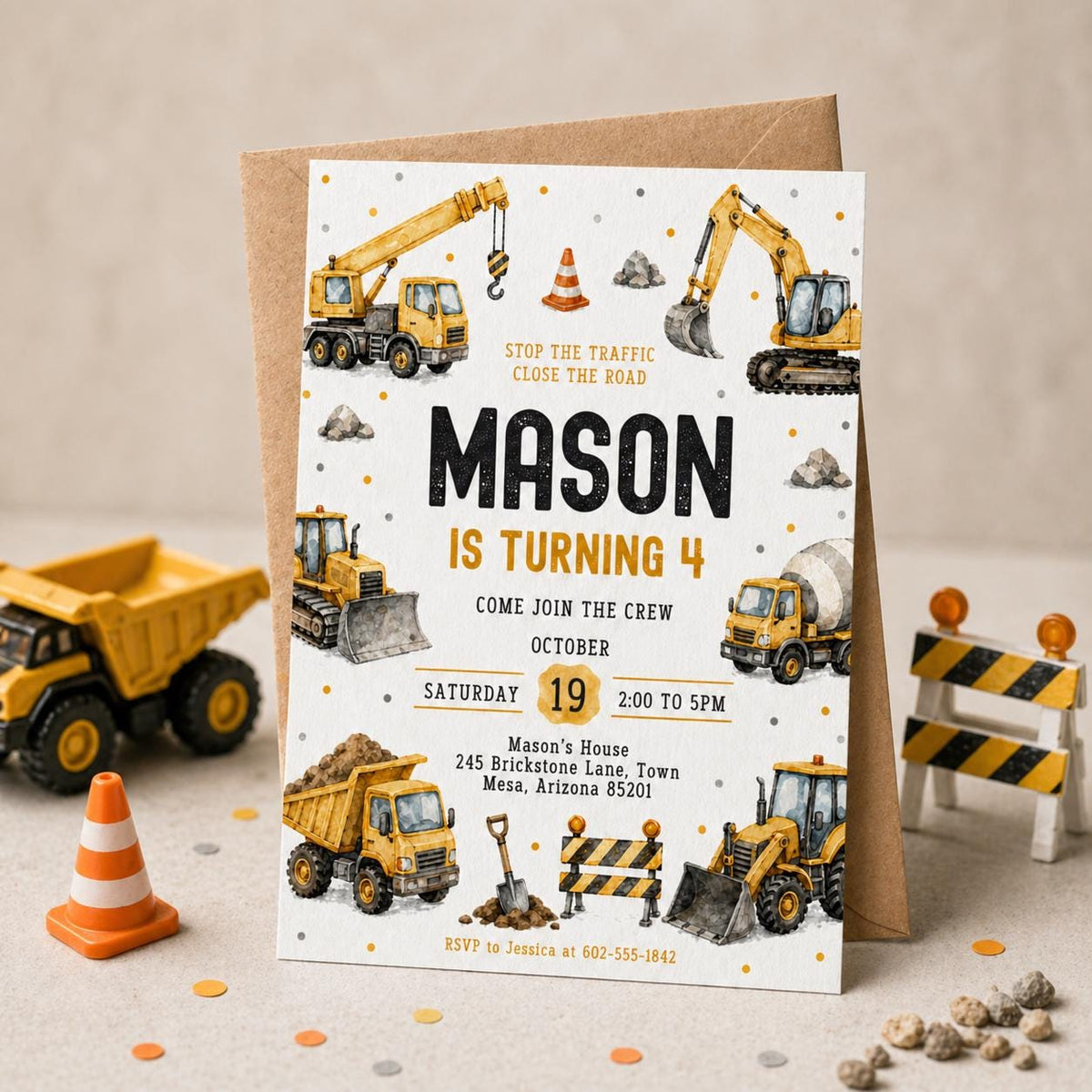 Construction Vehicle Border 4th Birthday Invitation — invitation you personalize in Canva