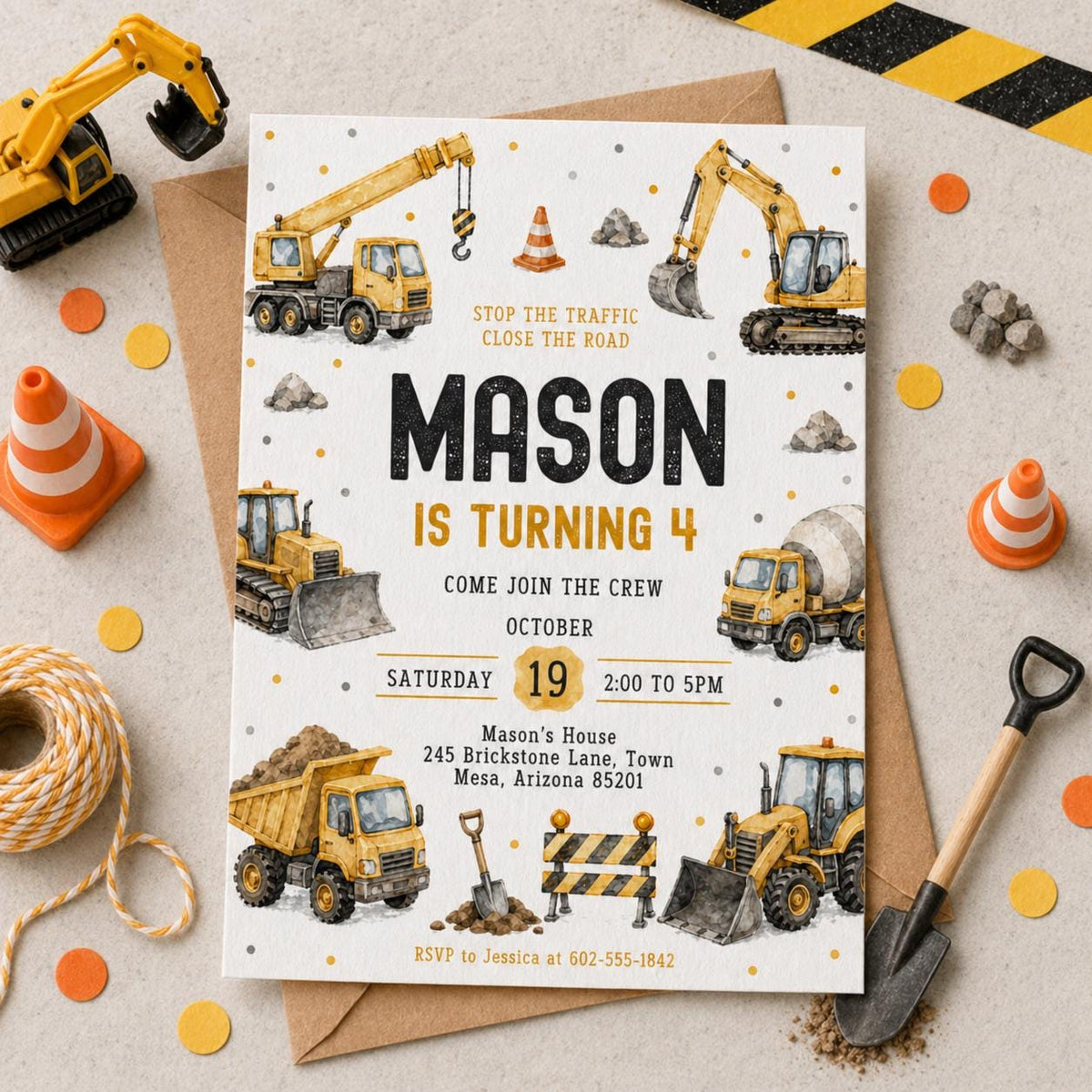 Construction Vehicle Border 4th Birthday Invitation — print-ready 4th birthday party design from VoltBy