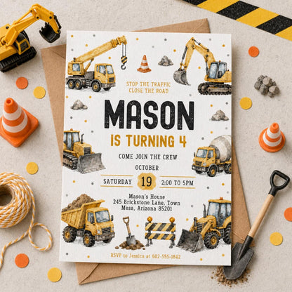 Construction Vehicle Border 4th Birthday Invitation — print-ready 4th birthday party design from VoltBy