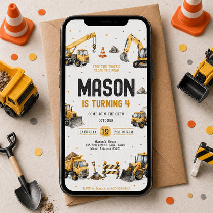 Construction Vehicle Border 4th Birthday Invitation — digital invitation, instant download