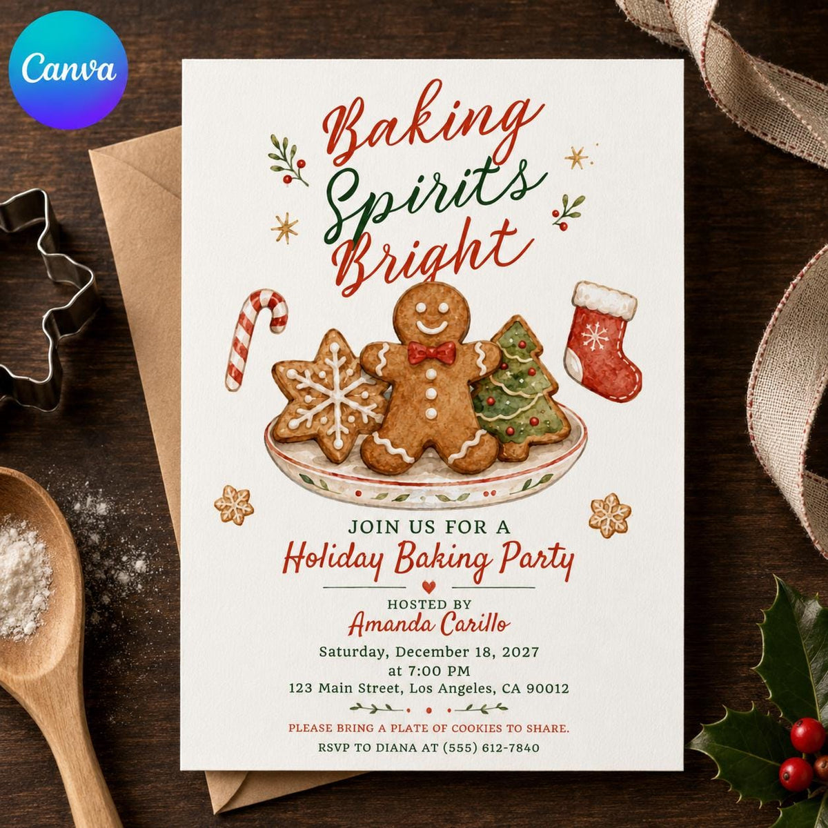 Cookie Christmas Baking Party Invitation — editable Canva template