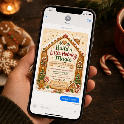 Cookie Gingerbread House Decorating Party Invitation — invitation you personalize in Canva