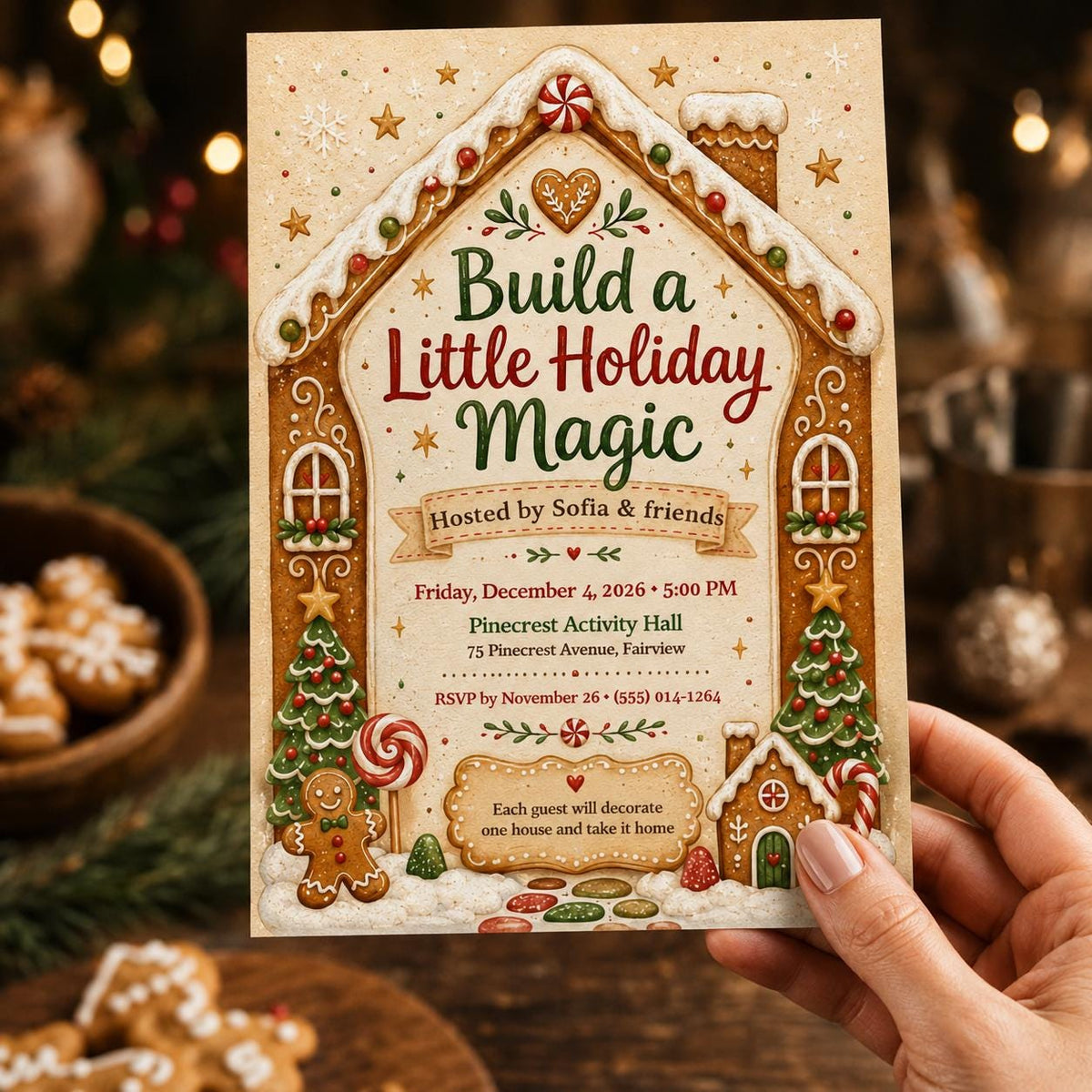 Cookie Gingerbread House Decorating Party Invitation — print-ready Christmas celebration design from VoltBy