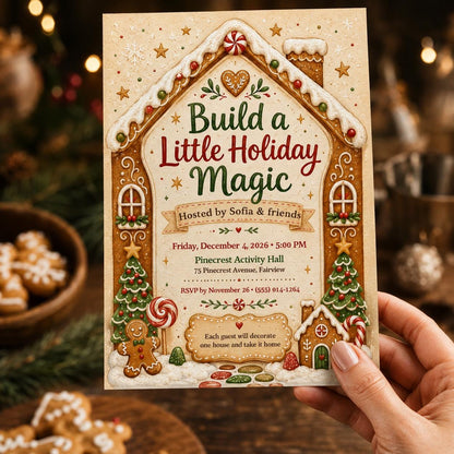 Cookie Gingerbread House Decorating Party Invitation — print-ready Christmas celebration design from VoltBy
