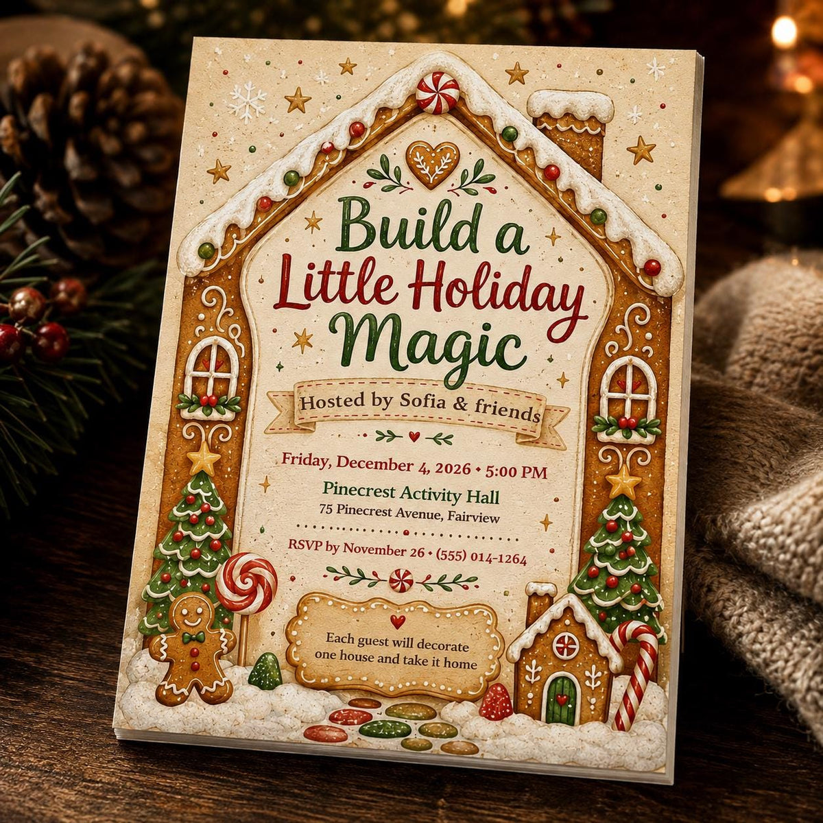 Cookie Gingerbread House Decorating Party Invitation — Christmas celebration stationery by VoltBy