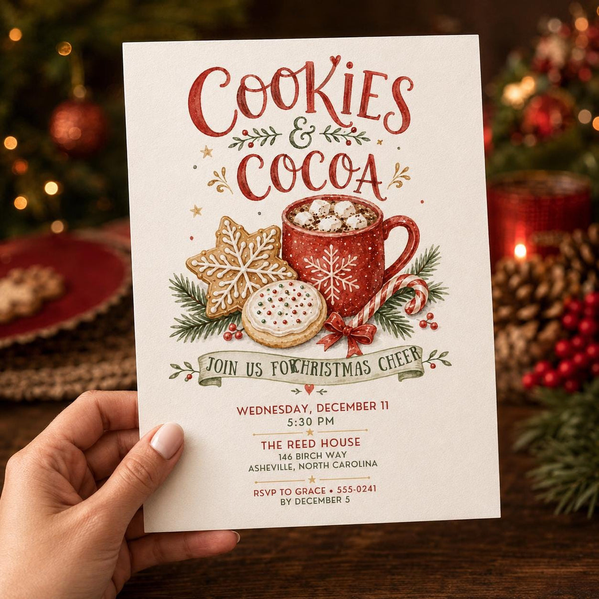 Cookies and Cocoa Christmas Invitation — invitation you personalize in Canva