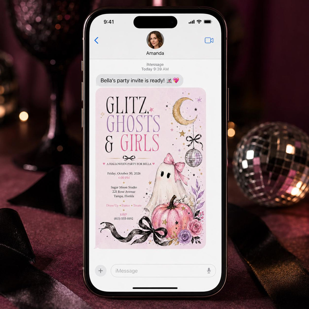 Coquette Disco Pink Halloween Party Invitation for Girls — bow and ball design
