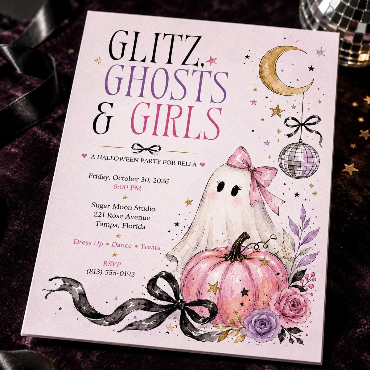 Coquette Disco Pink Halloween Party Invitation for Girls — digital invitation, instant download