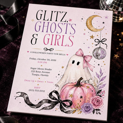 Coquette Disco Pink Halloween Party Invitation for Girls — digital invitation, instant download