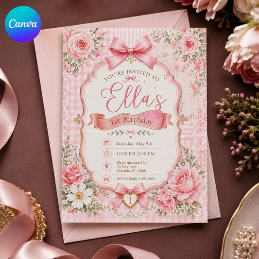 Coquette Floral Pink Bow First Birthday Invitation for Girls — editable Canva template