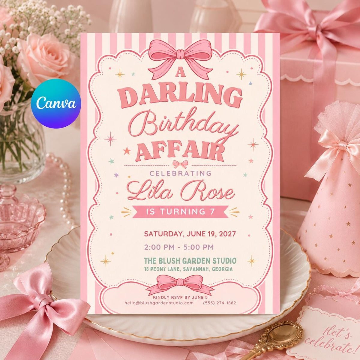 Coquette Pink Bow Birthday Invitation for Girls — editable Canva template