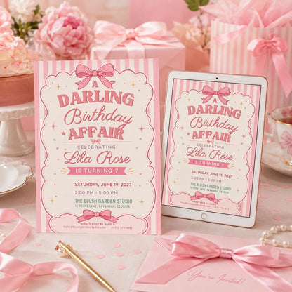 Coquette Pink Bow Birthday Invitation for Girls — print-ready birthday party design from VoltBy