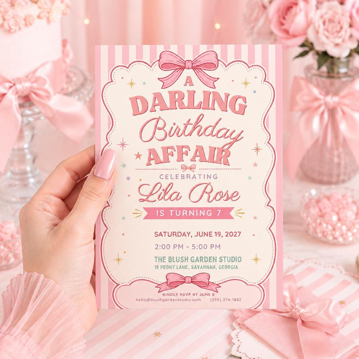 Coquette Pink Bow Birthday Invitation for Girls — digital invitation, instant download