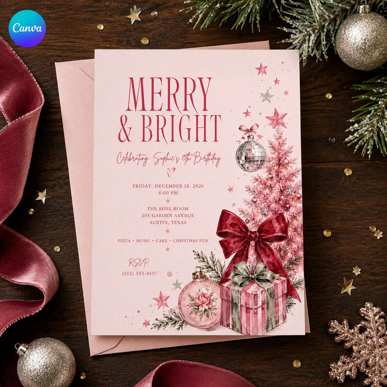 Coquette Pink Christmas 13th Birthday Invitation for Girls