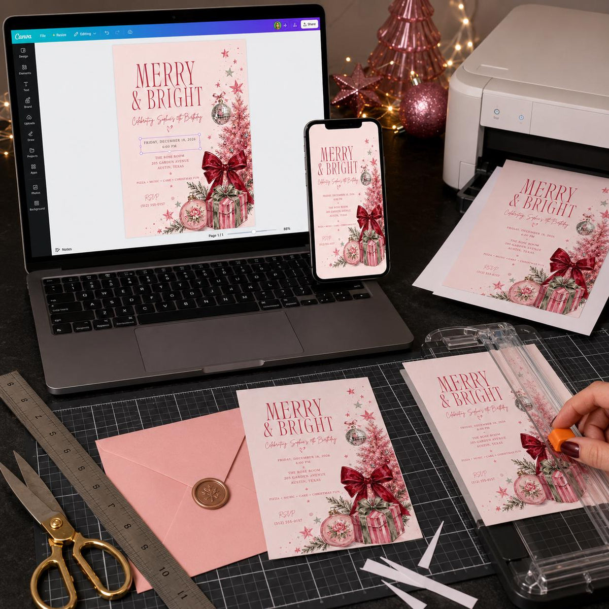 Coquette Pink Christmas 13th Birthday Invitation for Girls — digital invitation, instant download