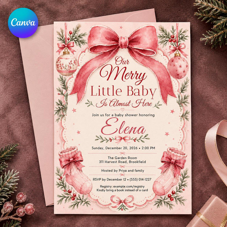 Coquette Pink Christmas Baby Shower Invitation: Merry Little Baby Girl
