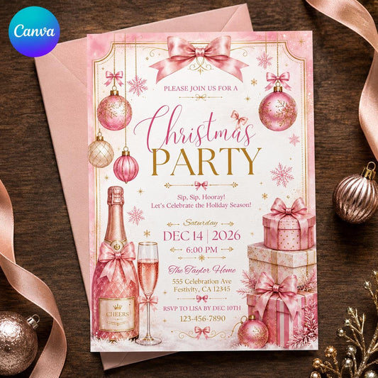 Coquette Pink Christmas Party Invitation for Girls — editable Canva template