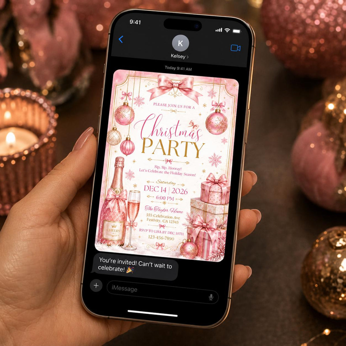 Coquette Pink Christmas Party Invitation for Girls — bow and champagne design