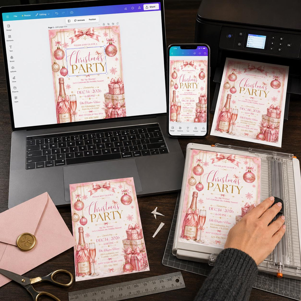 Coquette Pink Christmas Party Invitation for Girls — print-ready Christmas celebration design from VoltBy