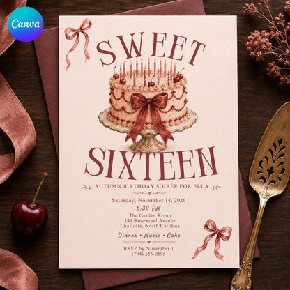 Coquette Sweet 16 Birthday Invitation — editable Canva template