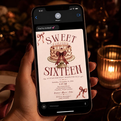 Coquette Sweet 16 Birthday Invitation — bow and cake design