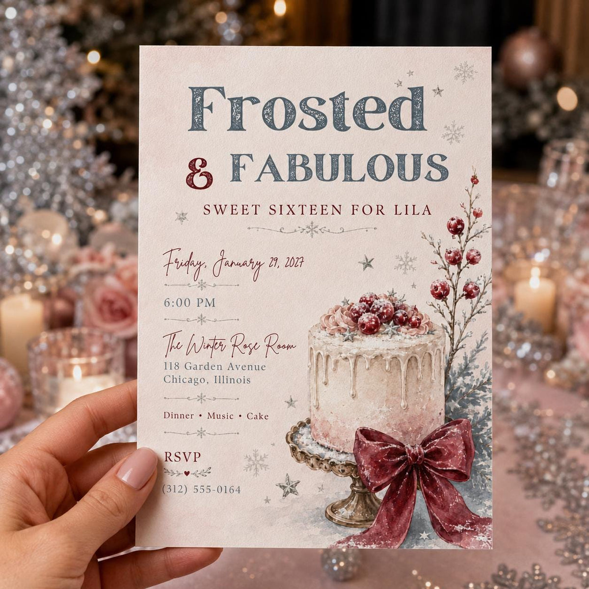Coquette Winter Sweet 16 Invitation — invitation you personalize in Canva