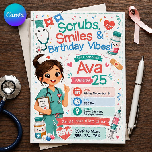 Coral and Teal Nurse 25th Birthday Invitation — editable Canva template