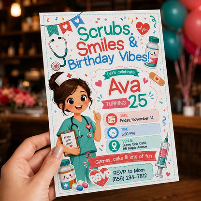 Coral and Teal Nurse 25th Birthday Invitation — invitation you personalize in Canva