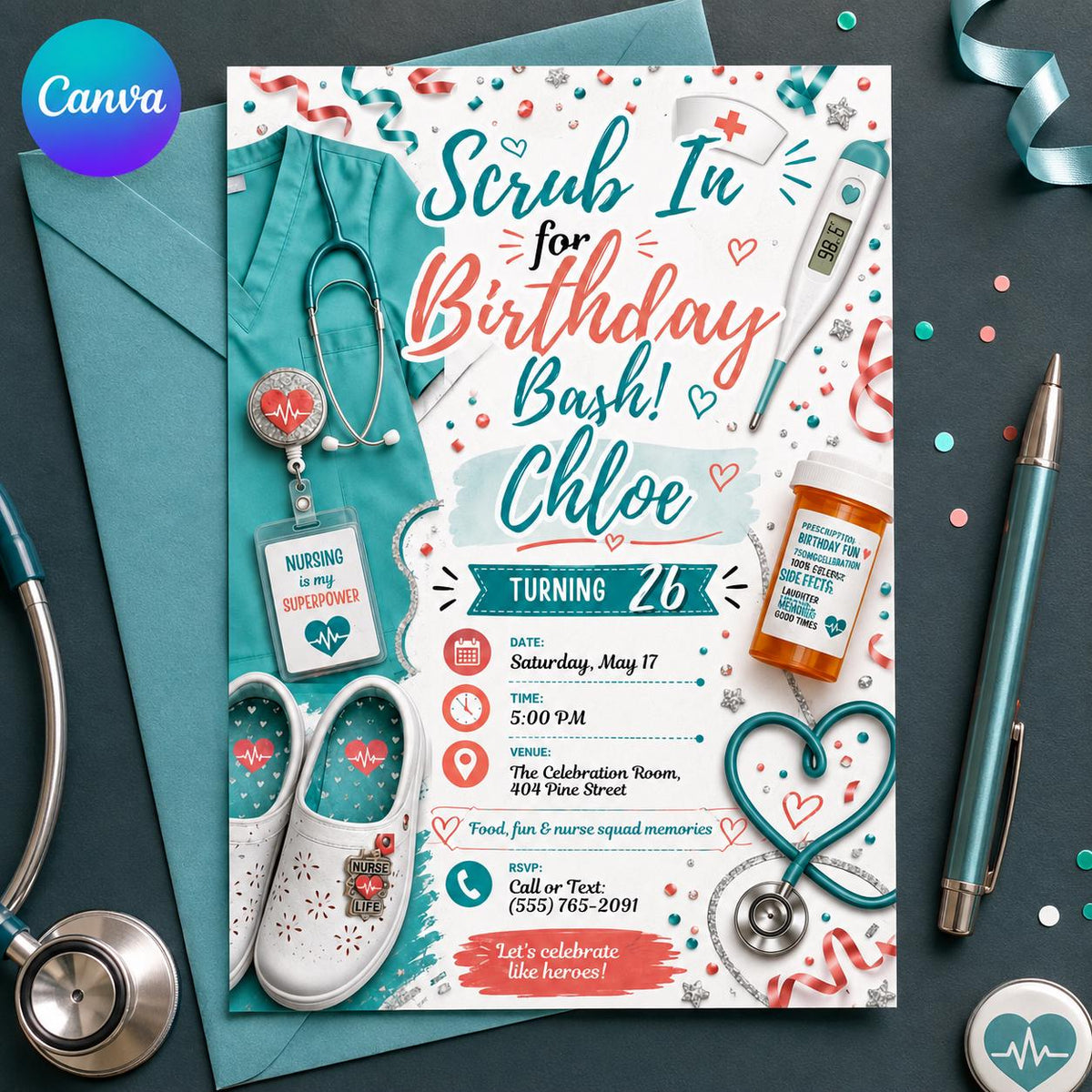 Coral and Teal Nurse Birthday Invitation — editable Canva template