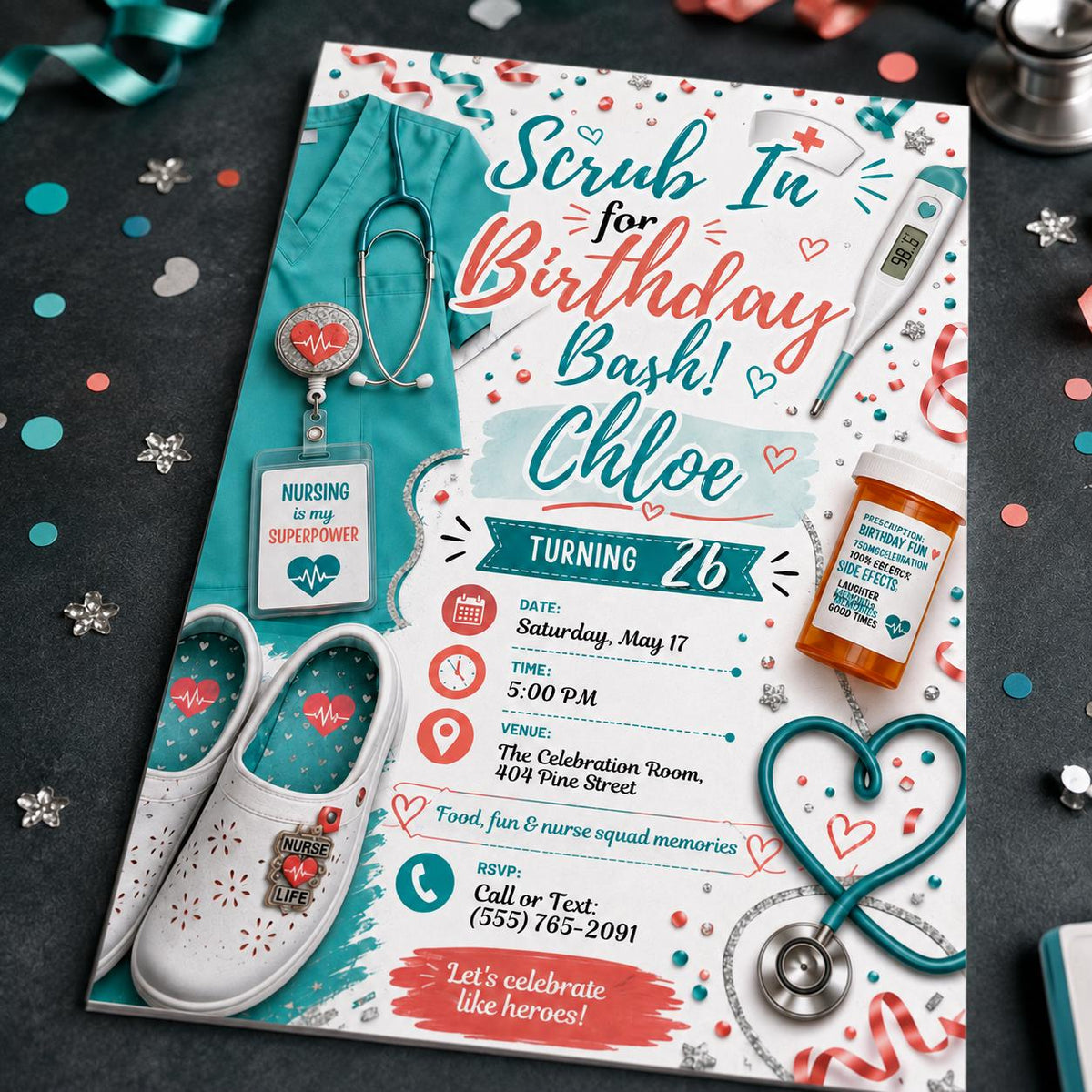Coral and Teal Nurse Birthday Invitation — print-ready birthday party design from VoltBy