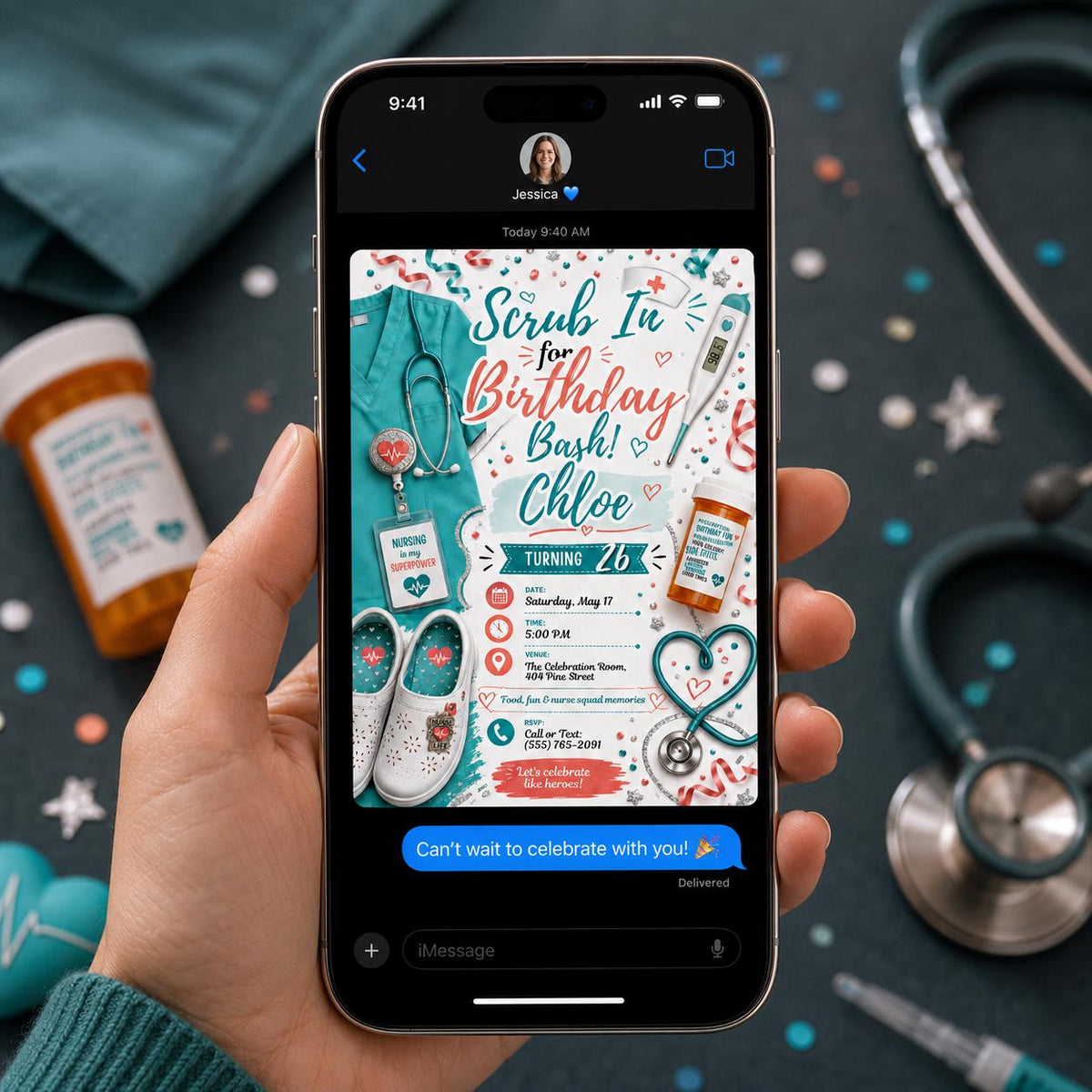 Coral and Teal Nurse Birthday Invitation — digital invitation, instant download