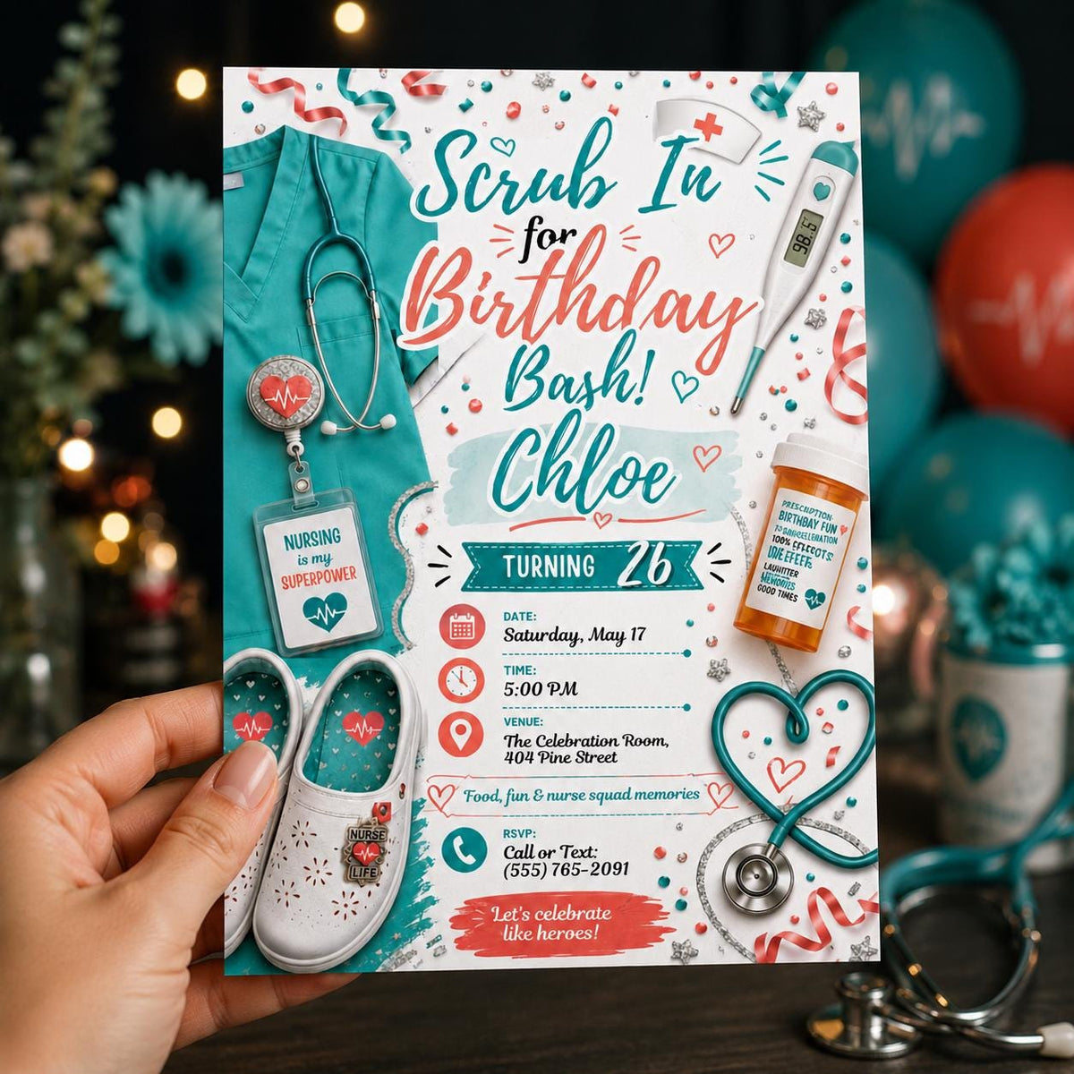 Coral and Teal Nurse Birthday Invitation — birthday party stationery by VoltBy