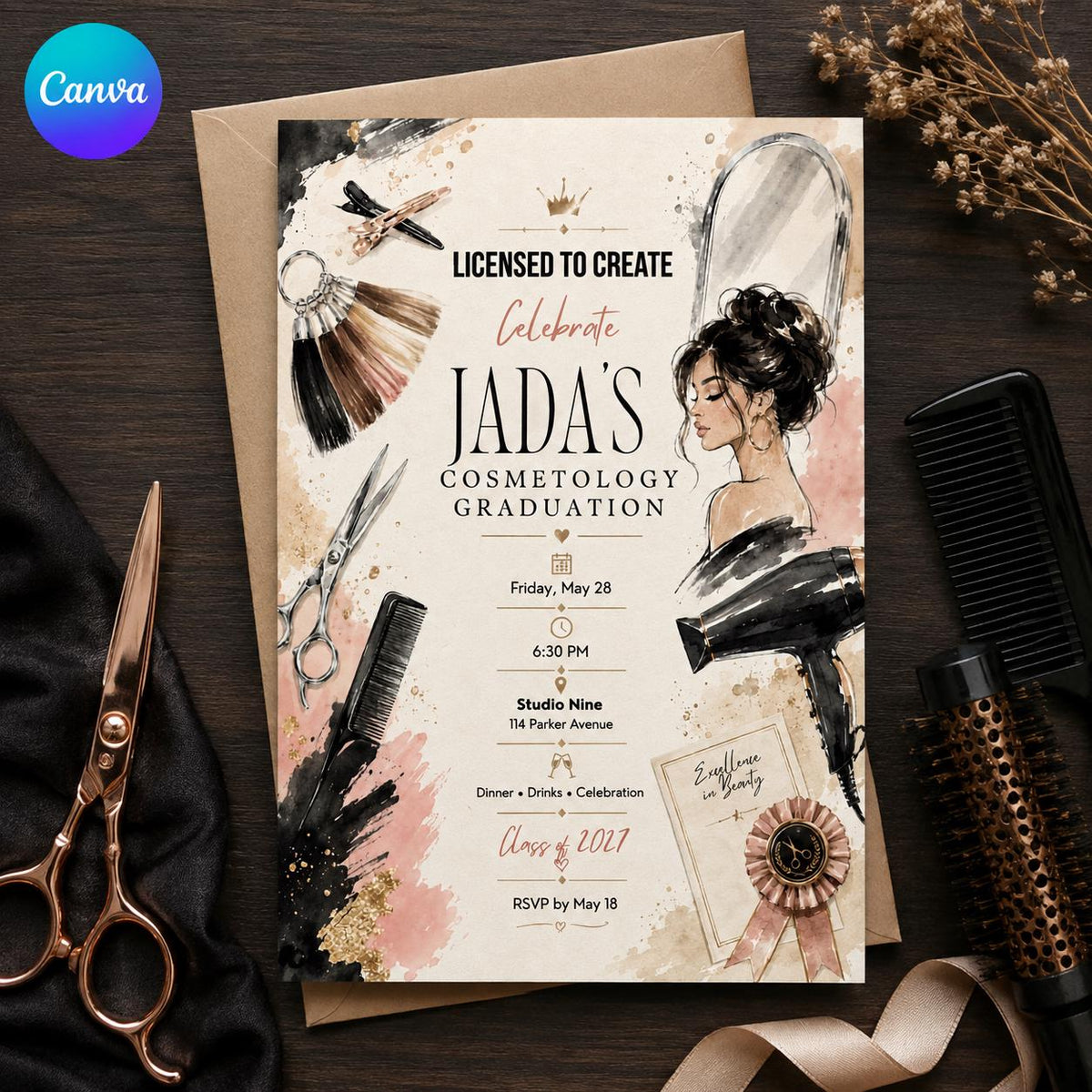 Cosmetology Graduation Invitation — editable Canva template