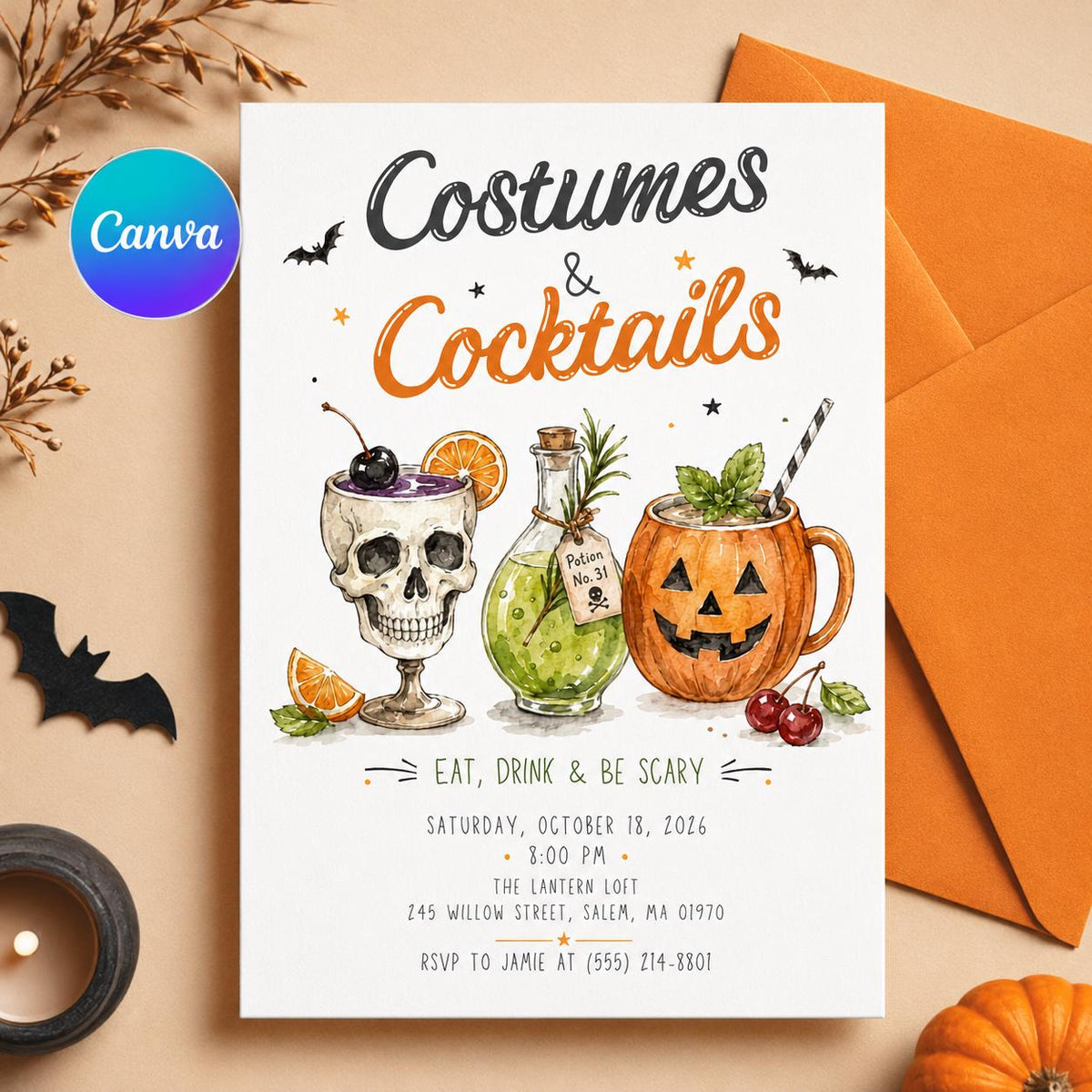 Costumes and Cocktails Invitation — editable Canva template