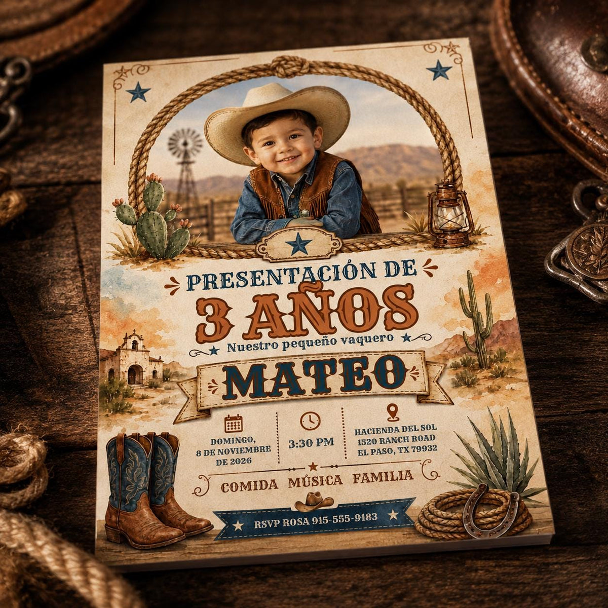 Cowboy 3rd Birthday Invitation Spanish — 3rd birthday party stationery by VoltBy