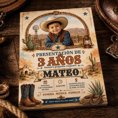 Cowboy 3rd Birthday Invitation Spanish — 3rd birthday party stationery by VoltBy