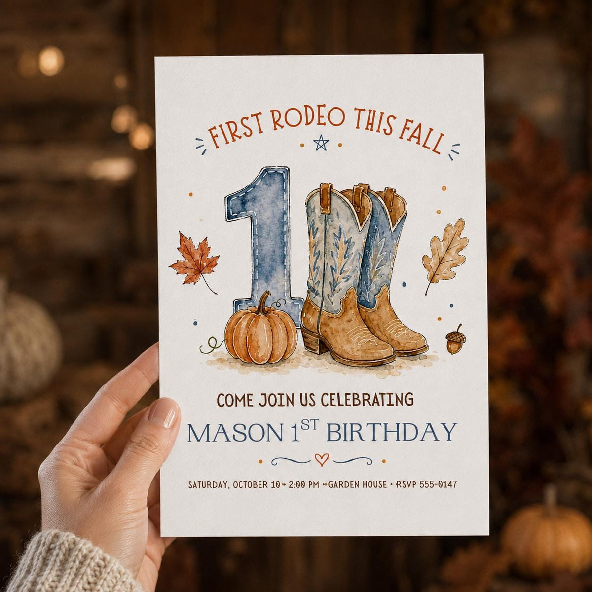 Cowboy First Rodeo 1st Birthday Invitation — invitation you personalize in Canva
