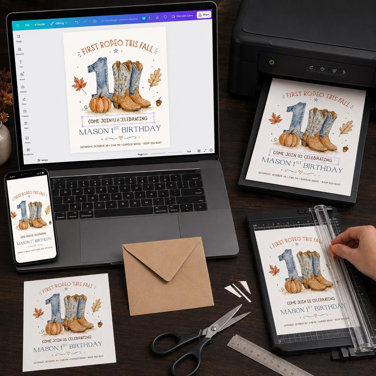 Cowboy First Rodeo 1st Birthday Invitation — print-ready first birthday design from VoltBy