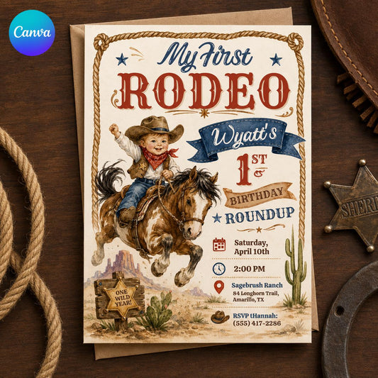 Cowboy First Rodeo Birthday Invitation: Cowboy Western 1st Birthday for Boys — editable Canva template