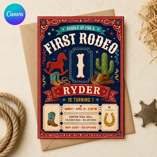 Cowboy First Rodeo Birthday Invitation: Wild West Western Party — editable Canva template