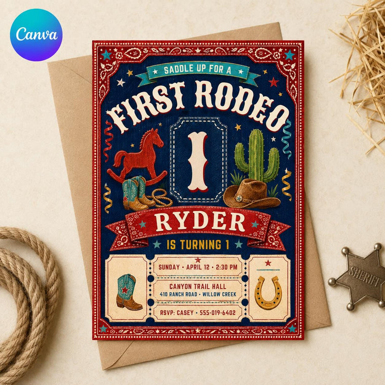 Cowboy First Rodeo Birthday Invitation: Wild West Western Party